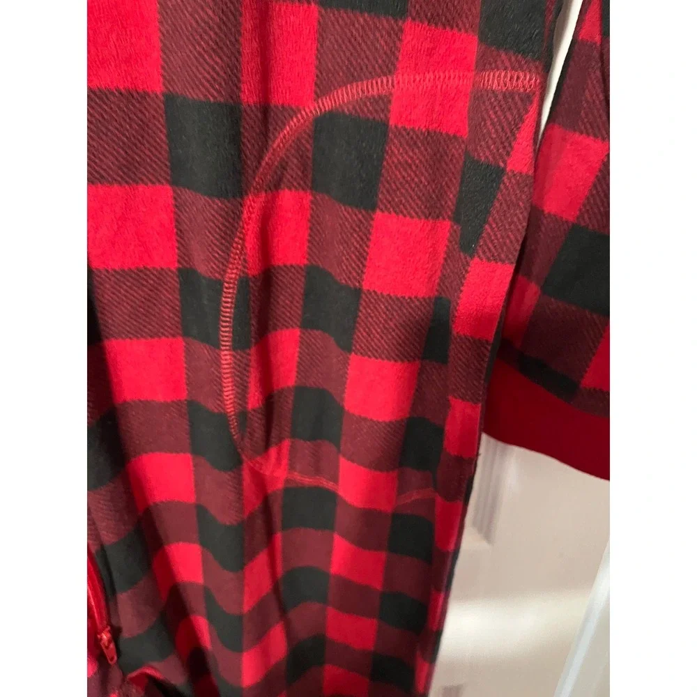 Family PJs Macys Mens M Buffalo‎ Plaid Fleece Hooded Union Suit One Piece Red